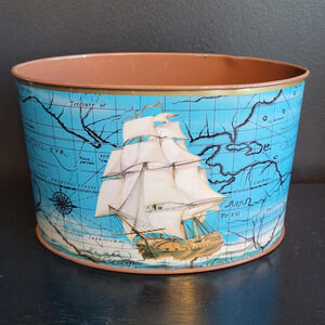 Vintage metal Nautical OFFICE STORAGE container -  old world map ship decor
